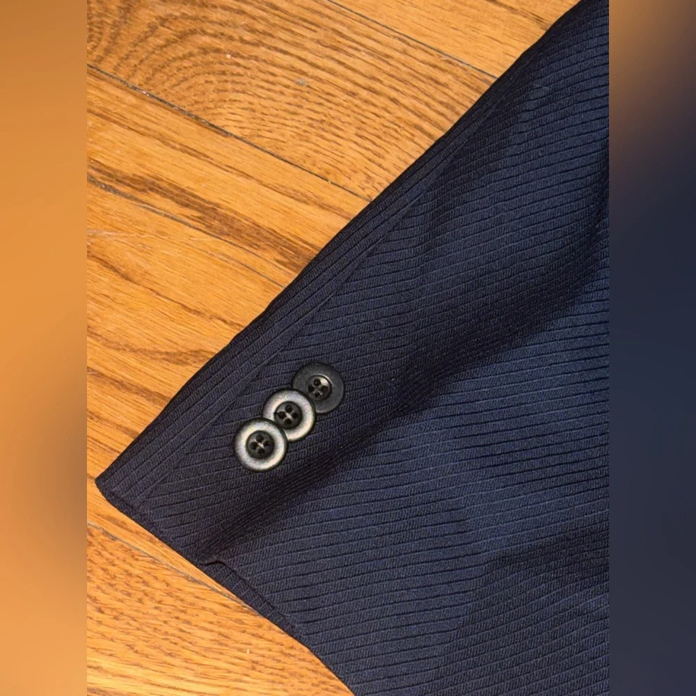 Armani Collezioni. Navy Bias Textured Self Stripe Blazer. Size 46R.